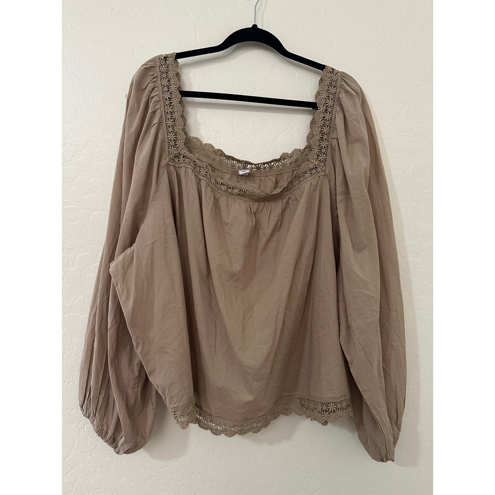 Old Navy Womens 4X Tan Cotton Lace Trim Peasant Blouse Balloon Sleeve Boho Top